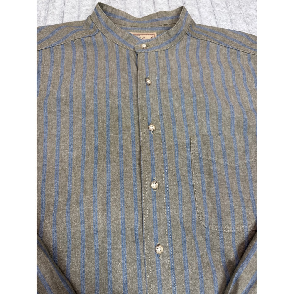 Woolrich Mens XL Band Collar Striped Button Down Shirt Brown Blue Made in USA